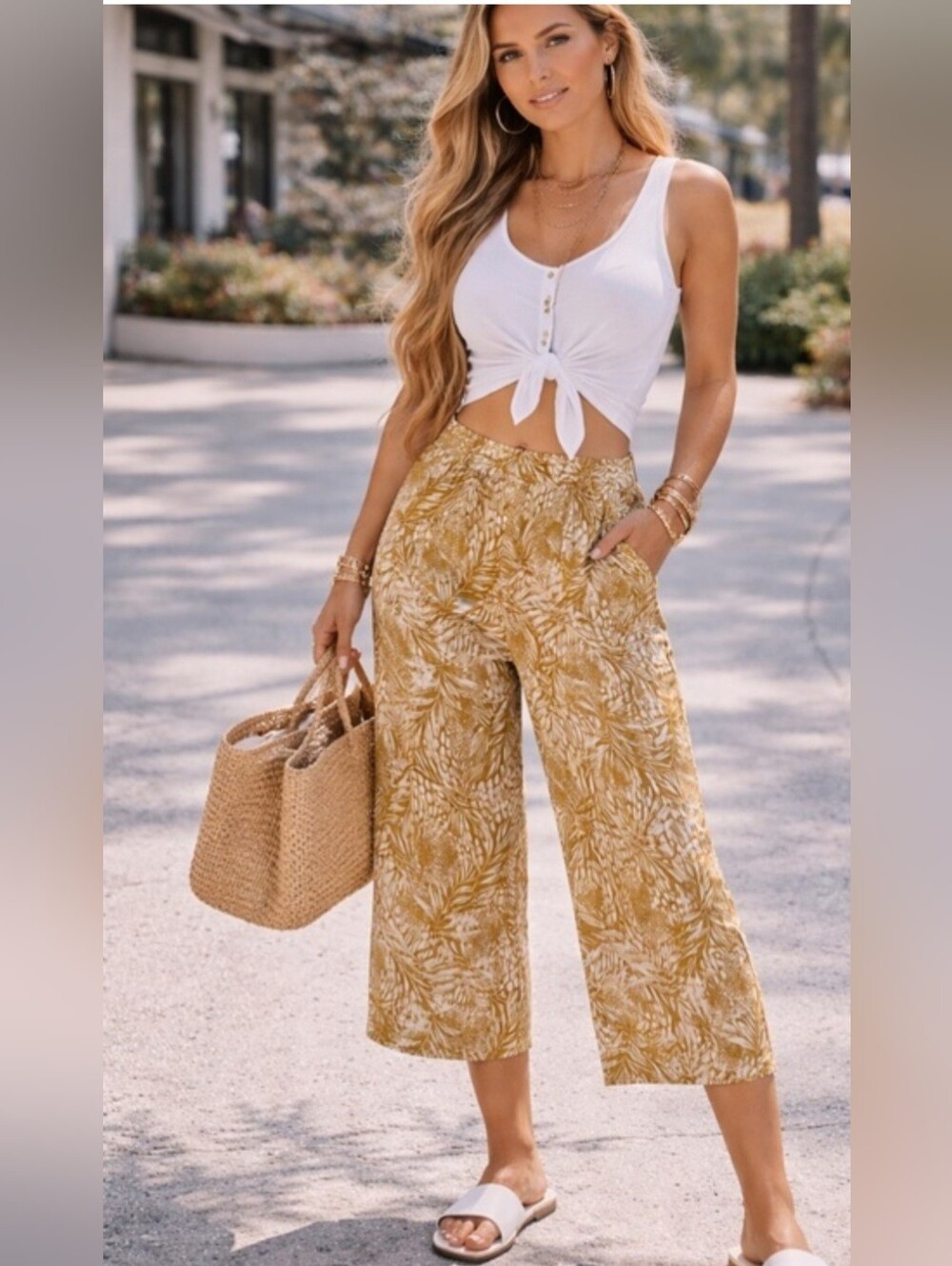 CHRISTIAN SIRIANO Women’s Linen Tan White Wide Leg Cropped Ankle Pants Medium